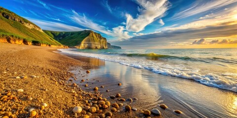 Serene Coastal Scene Golden Hour Beachscape with Rolling Waves and Dramatic Cliffs