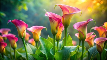Vibrant Pink and Yellow Calla Lilies Blooming in the Warm Sunlight of a Lush Garden