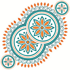 Intricate teal and orange mandala design with floral elements and decorative swirls on white background