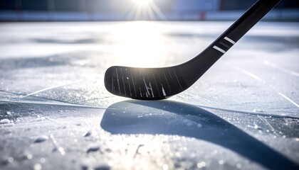 Close up of a hockey stick on ice with sun glare.