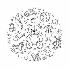 Fototapeta premium A circular arrangement of various outlined toys including a teddy bear kite and rocking horse and robot