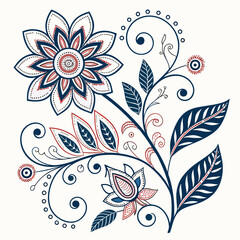 Intricate floral design with swirling vines and detailed petals in navy blue and red on white background