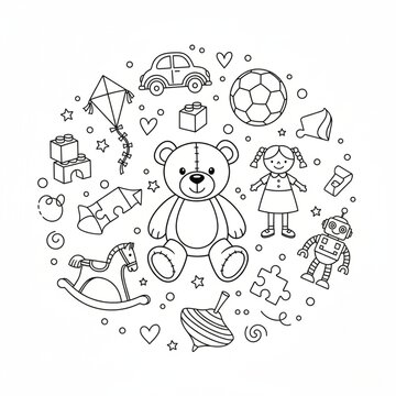 Set of 20 Outline Children's Toys Vector Icons for Kids' Playtime, Education, and Entertainment Design Projects