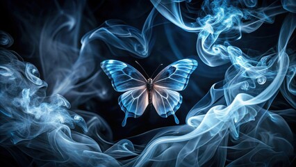 Serene Blue Butterfly Emerging from Wispy Smoke Clouds, a Symbol of Transformation and Hope