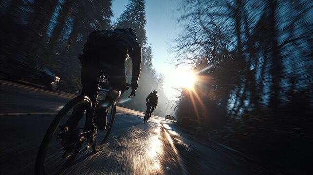 Silhouetted Cyclists on Wet Road at Sunrise