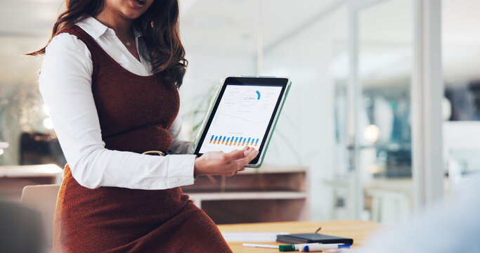Business, statistics and woman in office with tablet screen, data analysis or review in financial company. Research, analytics or person in workplace with digital technology, graphs or finance report