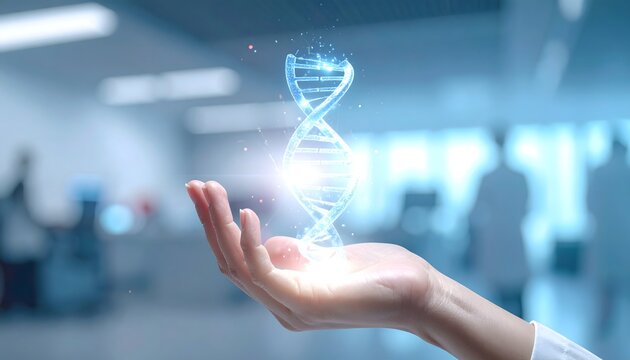 Illuminated DNA structure held by a human hand, symbolizing cutting-edge genomic science, biotech advancements, and the future of healthcare innovation in a research environment