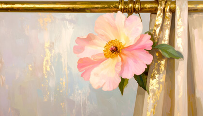 Obraz premium Elegant Floral Accent on Brass Curtain Rail with Soft Background