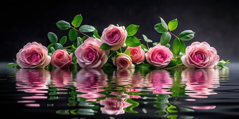Pink roses reflected in still water, a serene and elegant floral arrangement showcasing the beauty of nature's delicate blooms