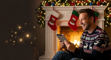 A man wearing a New Year's sweater with reindeer smiles as he talks on a video call on his tablet by the fireplace.