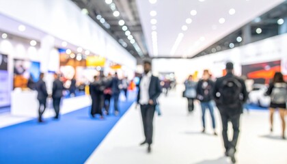 A blurred, brightly lit view of a busy indoor exhibition hall, with people walking and exhibit stands in the background