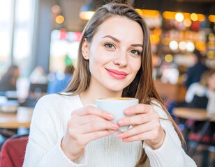 Woman holding coffee cup in cafe