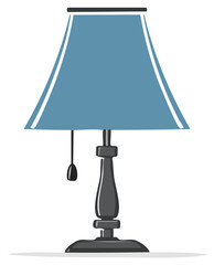 Stylized table lamp with a blue lampshade and ornate dark base