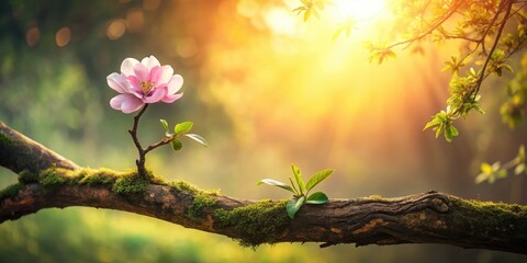 Obraz premium A single blossoming flower on a moss-covered branch bathed in the warm glow of the setting sun, symbolizing the delicate beauty of nature's renewal