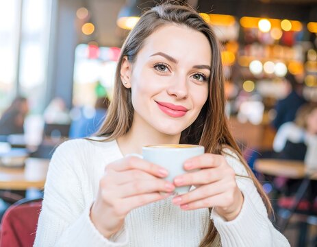 Woman holding coffee cup in cafe