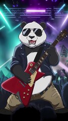Watercolor bear rock star playing guitar - Cartoon style animal