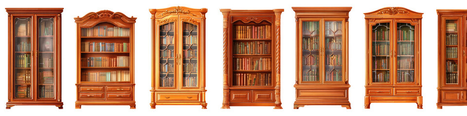Six vintage-style wooden bookcases with glass doors