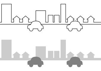 都市と郊外の街並みと車のシルエットセット