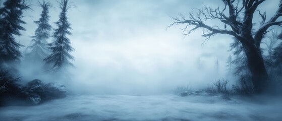 Fototapeta premium A serene winter landscape shrouded in mist, featuring tall, frosty evergreen trees and eerie bare branches, perfect for enhancing themes of solitude, mystery
