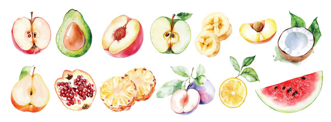 watercolor tropical fruits slice kiwi, watermelon, apple, peach, orange, banana, lemon, mango, avocado, coconut, grape, pineapple, pomegranate with green leaves illustration fruits clip art