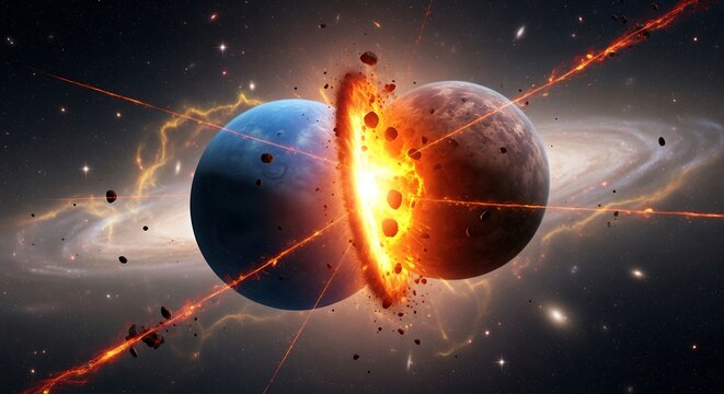 Cosmic cataclysm two planets collide exploding in fiery stellar explosion
