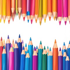 Rows of colorful pencils pointing up and down on a white background, creating a vibrant artistic frame with central blank space