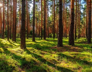 Fototapeta premium Warm sunlight filters through tall, slender pine trees onto a vibrant green, mossy forest floor, creating dappled light and shadow