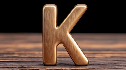 A golden letter K stands prominently on a wooden surface against a dark background, offering a stylish and modern aesthetic, Ideal for branding, logos, or artistic projects showcasing typography,