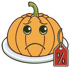 Sad Pumpkin with Discount Tag on Plate - Illustration of Holiday Season Bargain