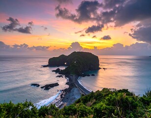 Sunrise over a rocky island