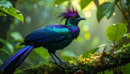 Vibrant bird perched in lush forest