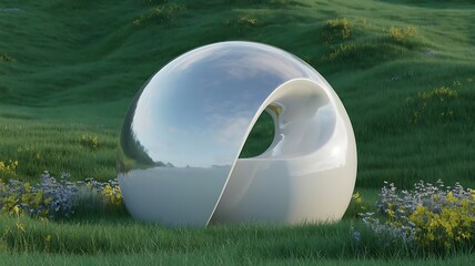 Abstract white sculpture in grassy field reflecting sky