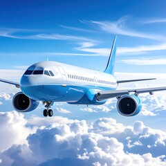 Obraz premium Airplane in flight. Blue and white passenger plane soars amidst fluffy white clouds, sky visible above, turbines whirring smoothly