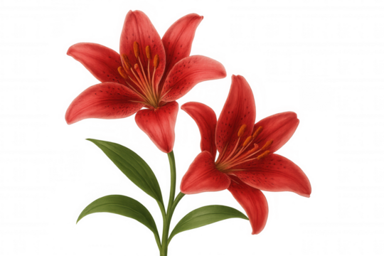 Red lilies blooming, verdant leaves framing delicate petals against transparent backdrop, showcasing botanical beauty - Powered by Adobe