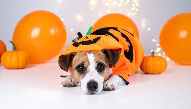 Jack-o'-lantern dog costume on white background - Powered by Adobe