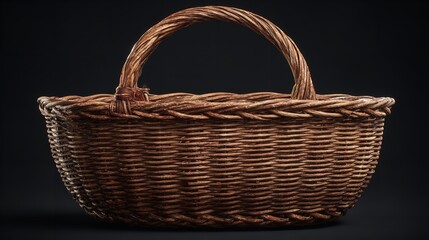 Empty Wicker Basket with Handles Isolated on White Background