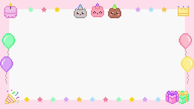 8-bit pixel art cute pastel baby pink frame with animals, balloons and gift icon for birthday, celebrations and congratulations looped animation 4k 30fps