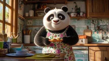 Panda cooking in kitchen cartoon character wearing apron holding cookies illustration art animated film