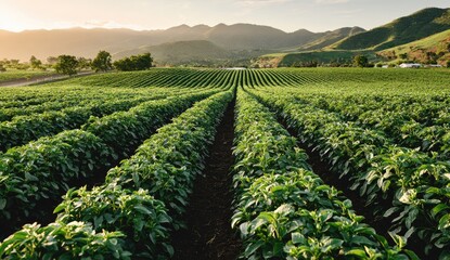 Vast potato field rows stretch to mountains at sunrise