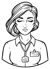 Monochrome Line Art of a Woman Wearing an Identification Badge in a Uniform Shirt