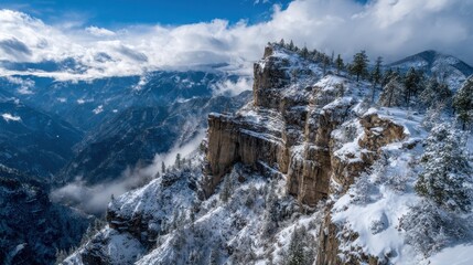 Snow Covered Mountain Peak Aerial View Winter Landscape