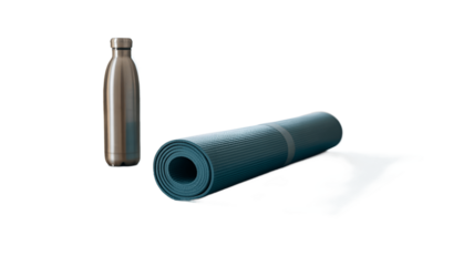 A yoga mat and a stainless steel water bottle, perfect for a health-conscious individual.