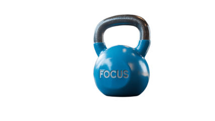 A vibrant blue kettlebell with the word FOCUS.