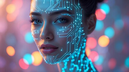 Futuristic Portrait - Woman with Circuit Board Face, Bokeh Background.