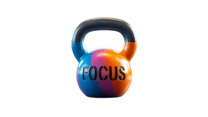 A colorful kettlebell with the word FOCUS written on it.