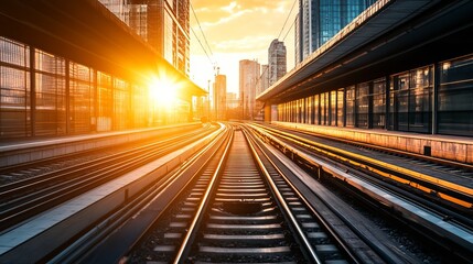 City train tracks at sunset. Sunlight beams through urban structures