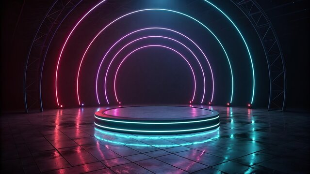 Futuristic neon archway with circular stage and reflections - Powered by Adobe