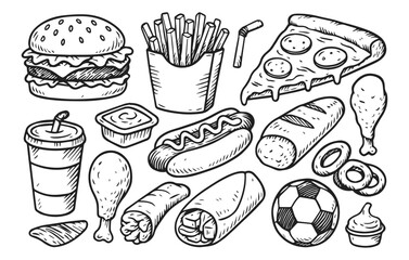 Fast food doodle collection burger pizza hotdog fries soda chicken isolated on transparent background, generative ai