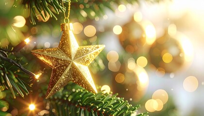 Close-up of a Christmas tree with a gold star ornament and gold ball ornaments, with lights in the background.
