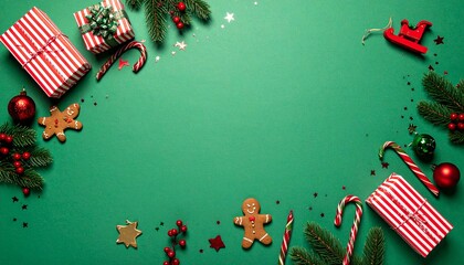Festive Christmas flat lay with gifts, candy canes, and gingerbread men on green background.